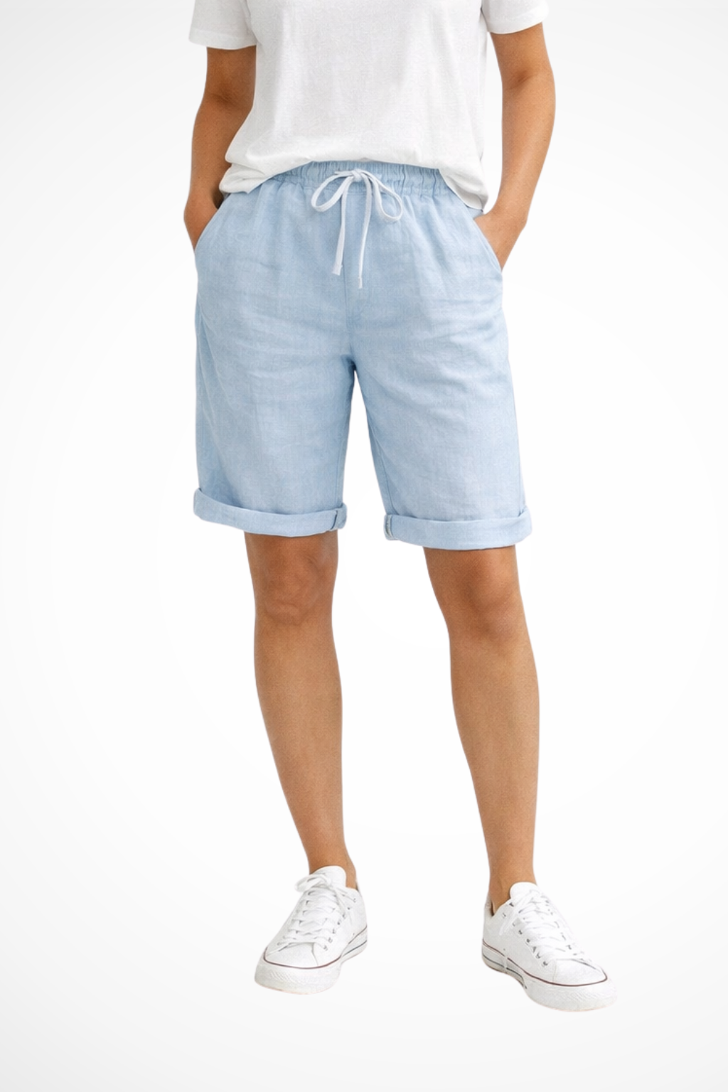 Linen Blend Cuffed Bermuda Shorts with Drawstring Waist