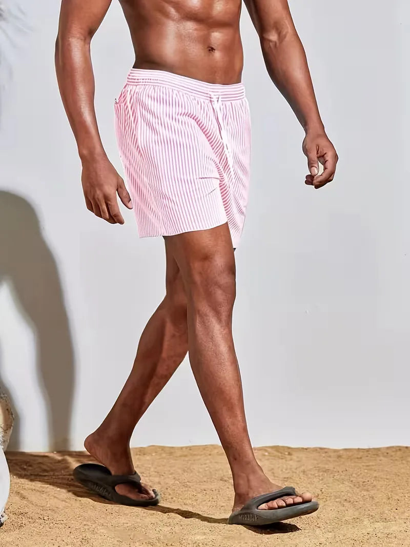 Striped Quick-Dry Swim Shorts with Drawstring Waist