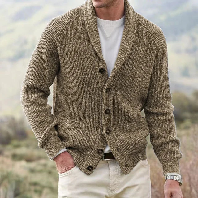 Men's textured knit cardigan with shawl neckline, buttons and patch pockets