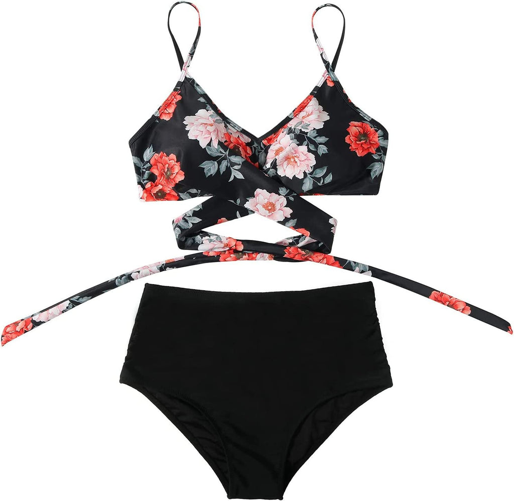 Floral Print Twist Front High-Waisted Bikini Set