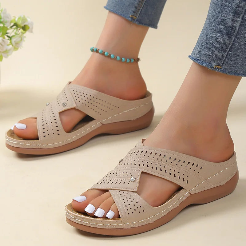 Cross-Strap Wedge Slide Sandals with Perforated Detail