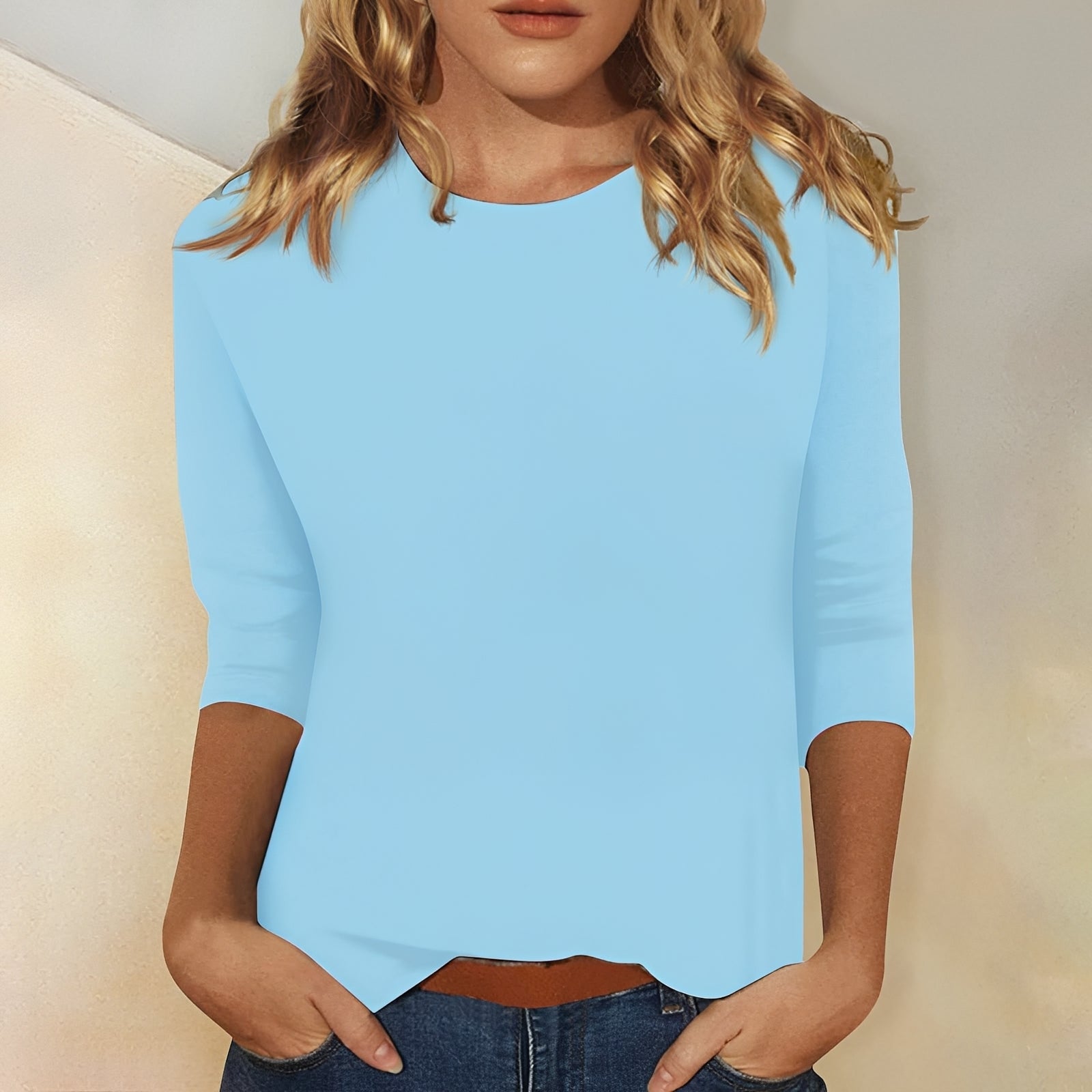 Round Neck Three-Quarter Sleeve Basic Top