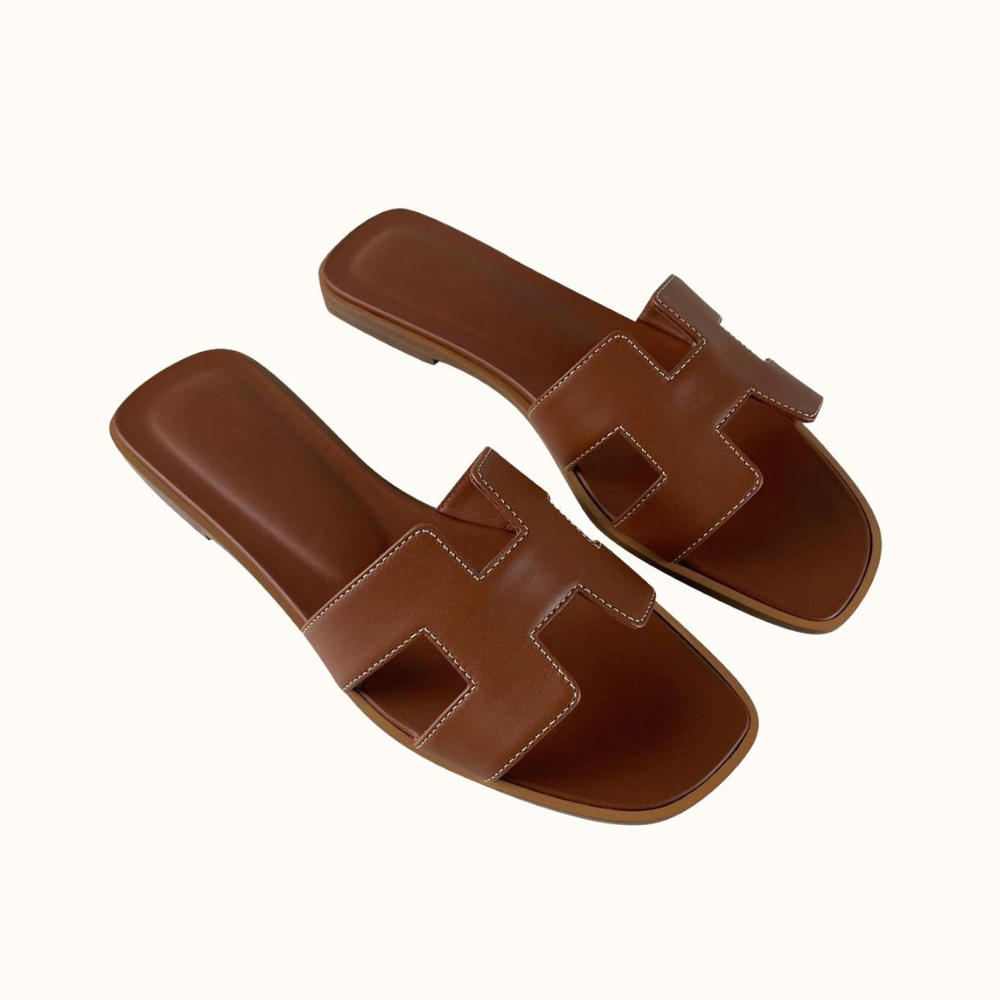 H-Cut Flat Slide Sandals with Contrast Stitching