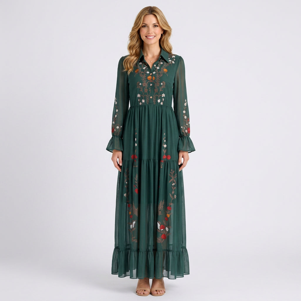 Embroidered Maxi Dress – Collared Belted Tiered Style