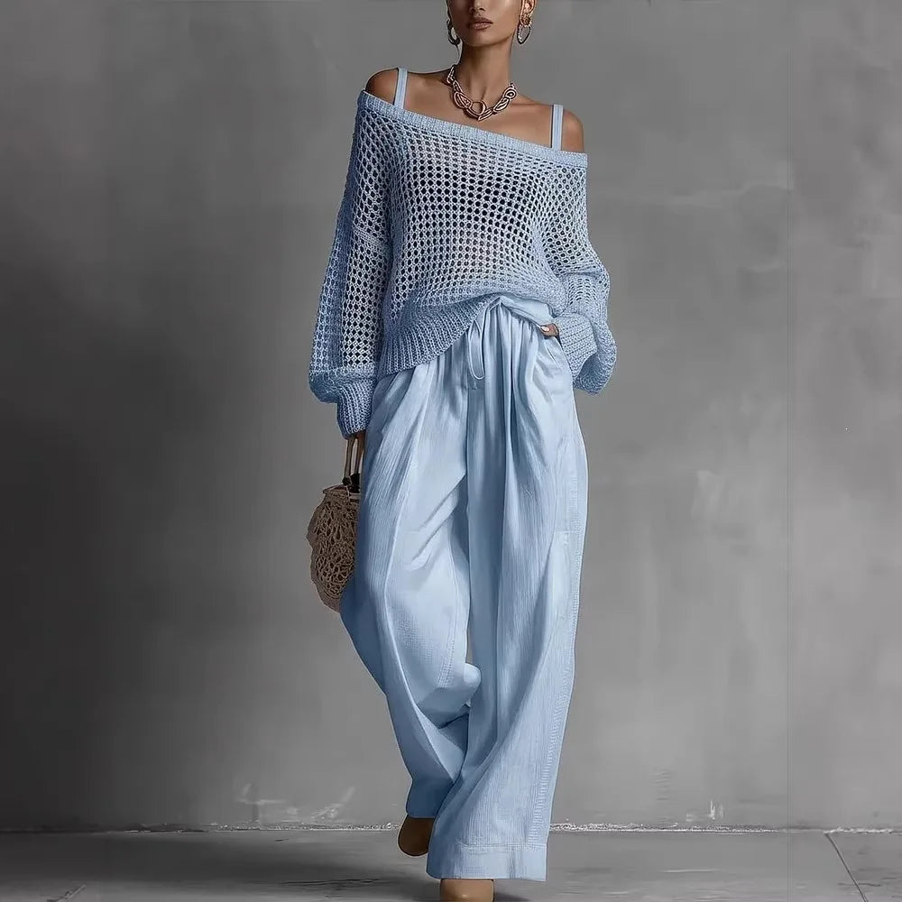 Off-Shoulder Crochet Knit Top and Wide Leg Trouser Set