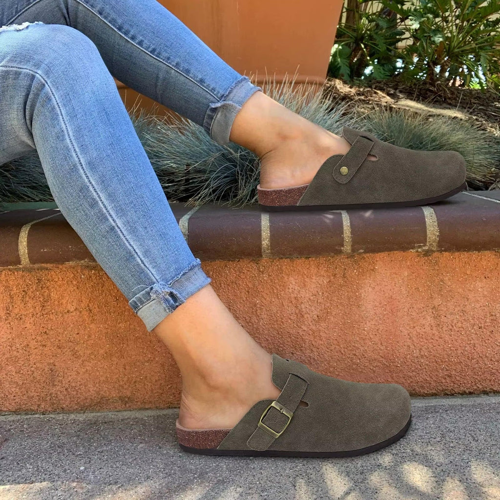 Suede Closed-Toe Clog Mules with Cork Footbed