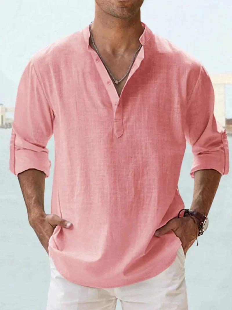 Linen Blend Long Sleeve Popover Shirt with Open Collar