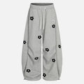 Floral Embroidered Wide Leg Sweatpants with Drawstring