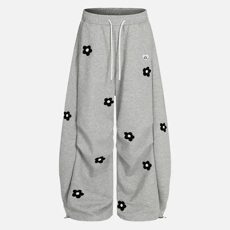 Floral Embroidered Wide Leg Sweatpants with Drawstring