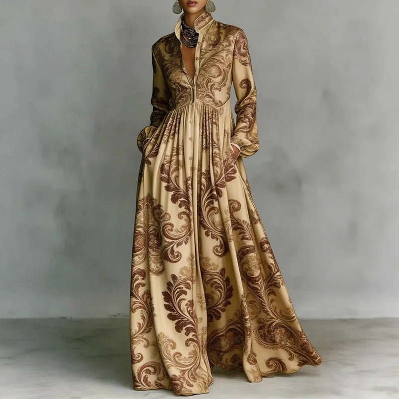 Geometric Print Button-Front Long Sleeve Maxi Dress
