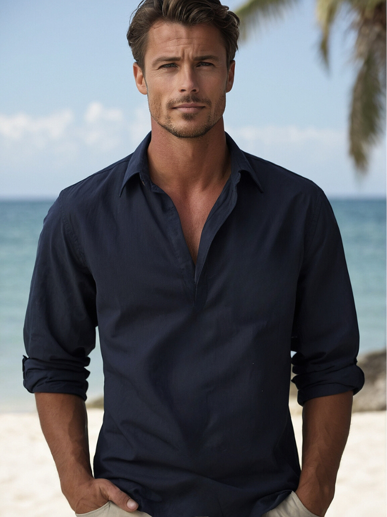 Linen Blend Long Sleeve Popover Shirt with Open Collar