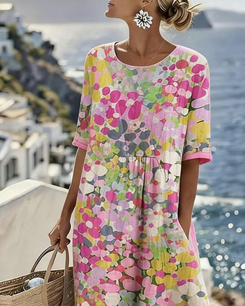 Abstract Floral Print Short Sleeve Midi Dress