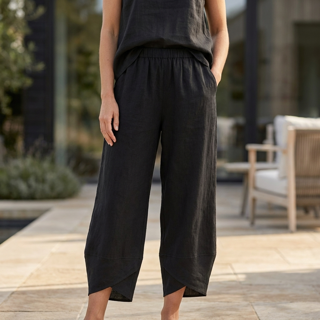 Cropped Linen Trousers with Curved Hem