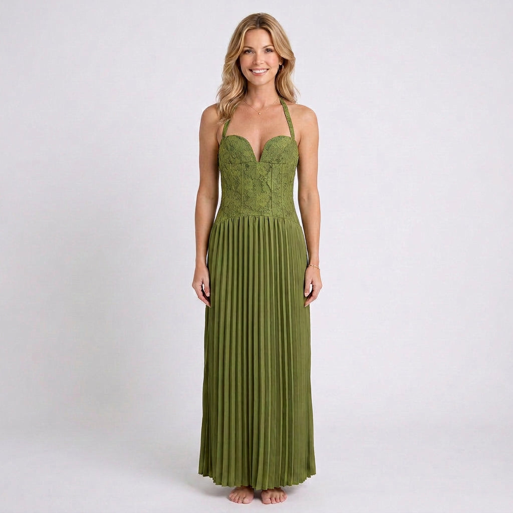 Olive Green Halter Maxi Dress Women’s Pleated Occasion Dress