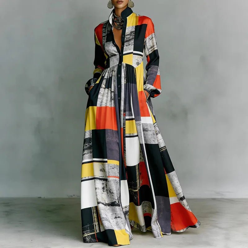 Geometric Print Button-Front Long Sleeve Maxi Dress