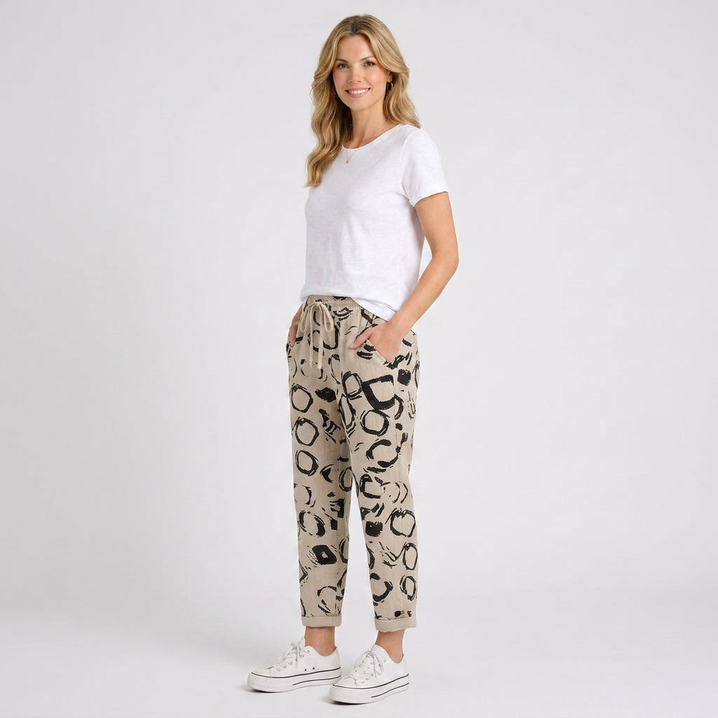 Abstract Print Tapered Trousers with Tie Waist