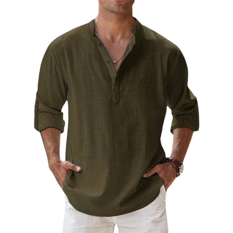 Chemise Henley en lin à manches longues avec col officier