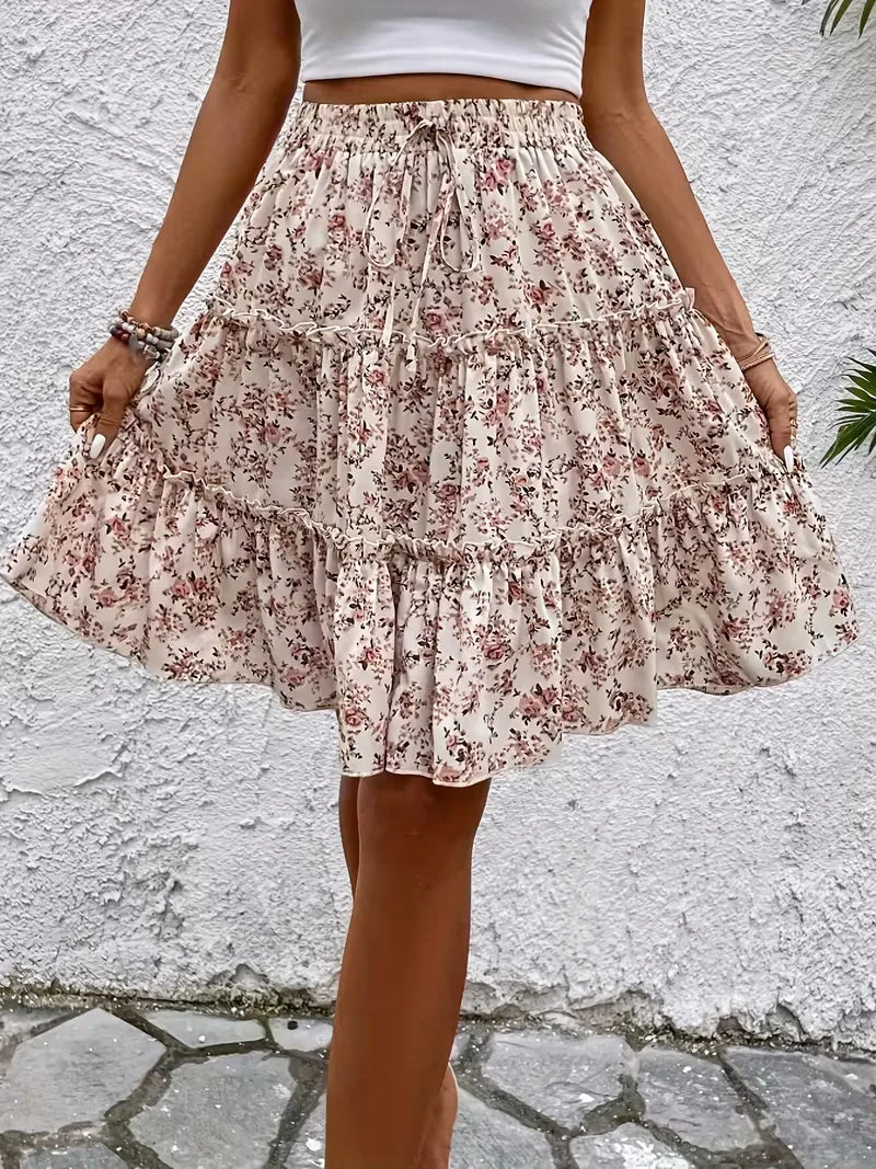 Floral Tiered Mini Skirt with Tie Waist