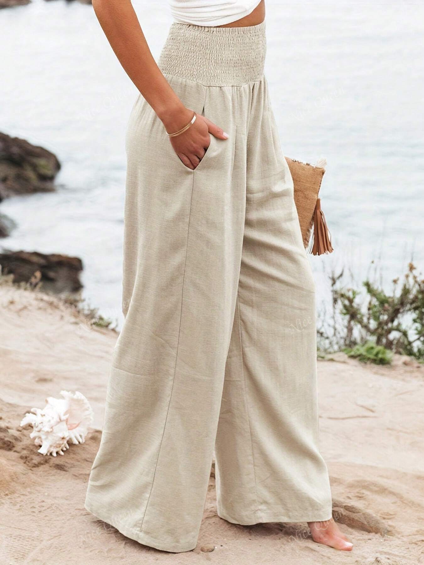 Smocked High Waist Wide Leg Linen Blend Trousers
