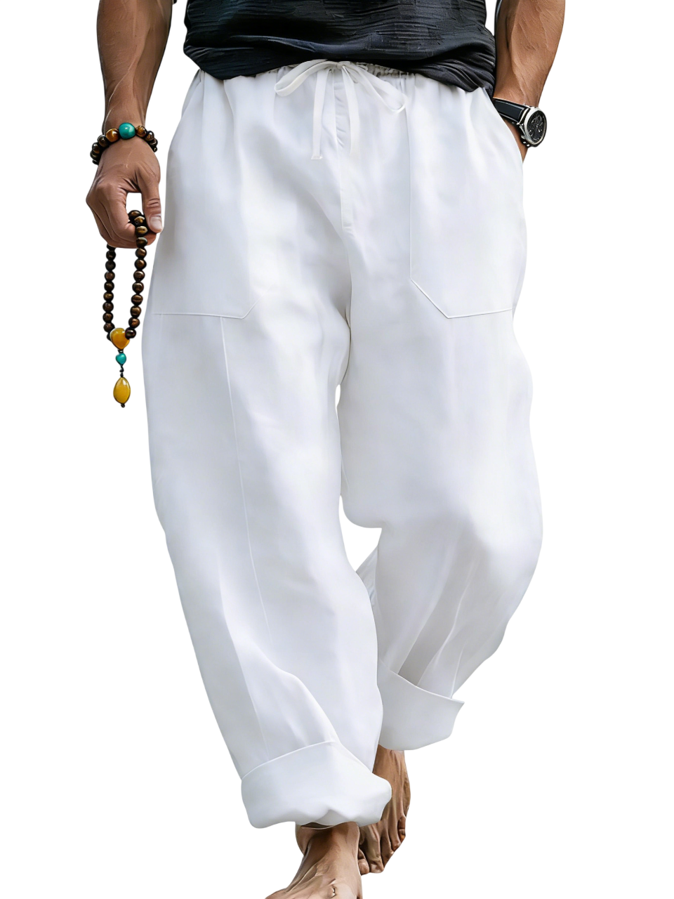 Loose Linen Blend Drawstring Trousers with Turn-Up Hem