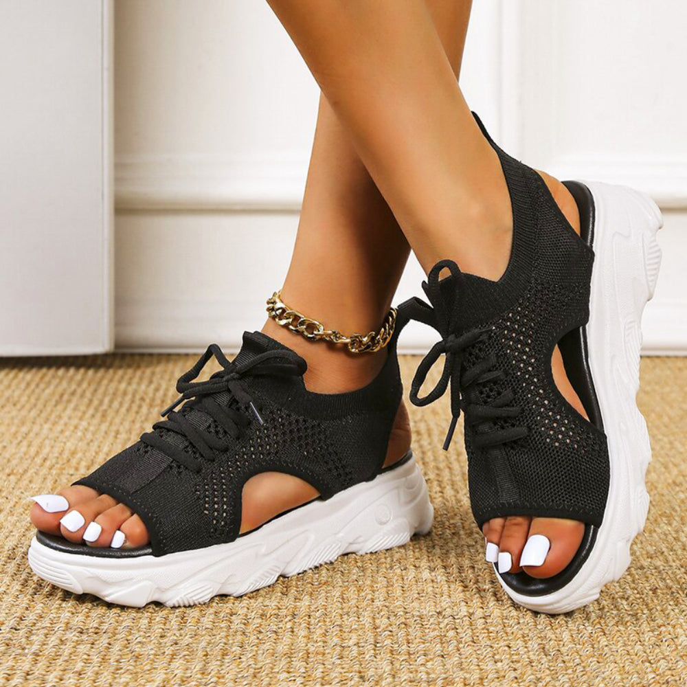 Knit Lace-Up Open Toe Platform Trainer Sandals