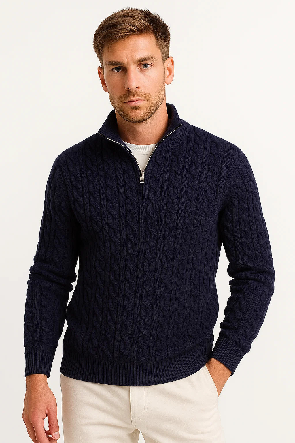 Men’s Cable Knit Quarter Zip Stand Collar Sweater