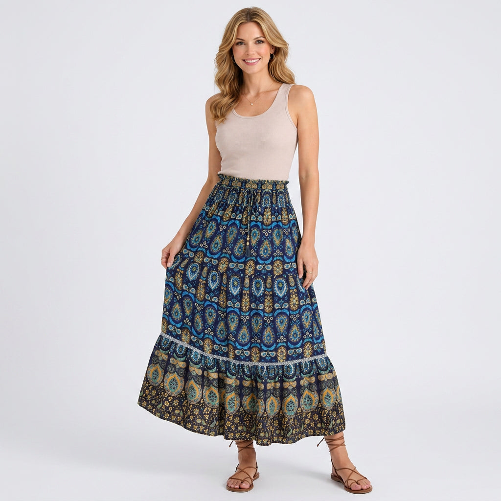 Bohemian Floral Tiered Maxi Skirt with Tie Waist