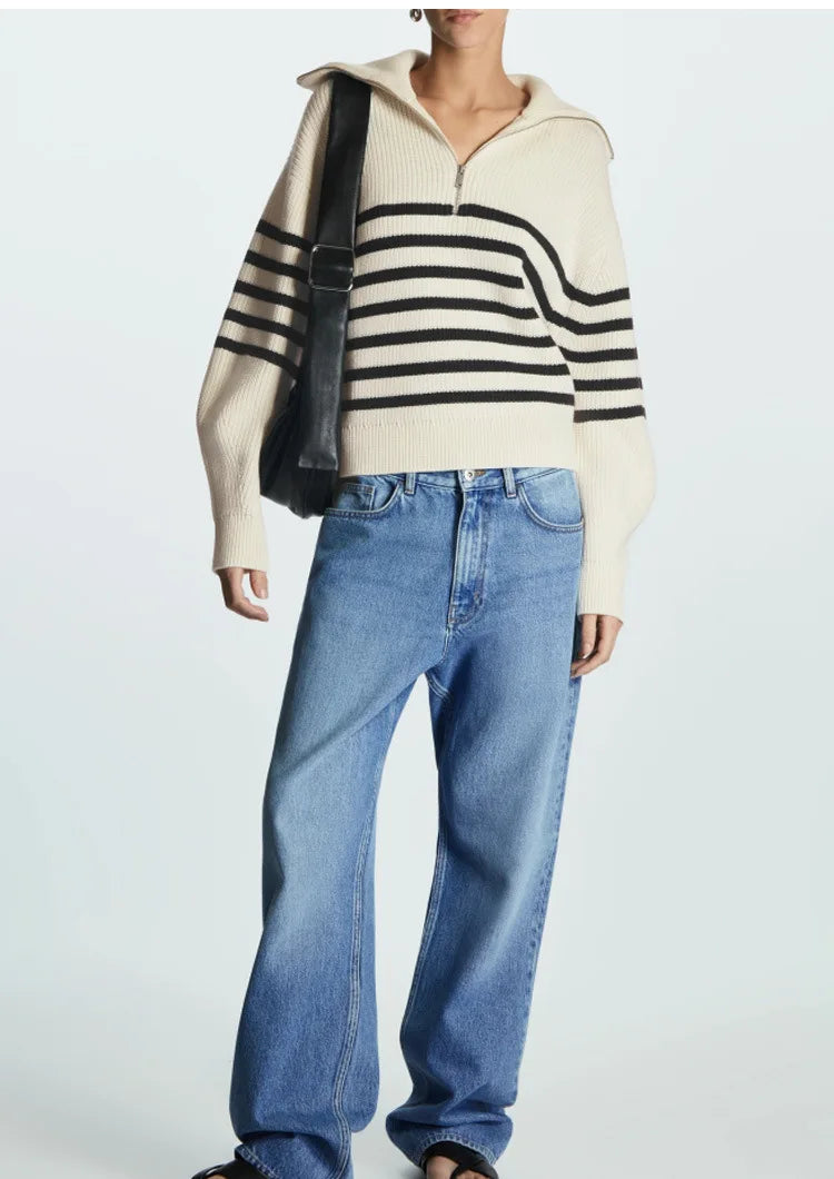 Women's Striped Half-Zip Collared Knit Sweater