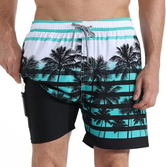 Short de bain 2-en-1 à imprimé palmiers, avec doublure de compression