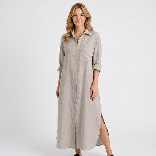 Button Front Midi Shirt Dress – Collared Roll Sleeve Style