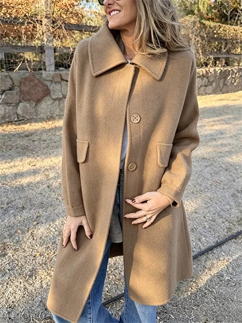 Women's Longline Coat with Flap Pockets and Point Collar