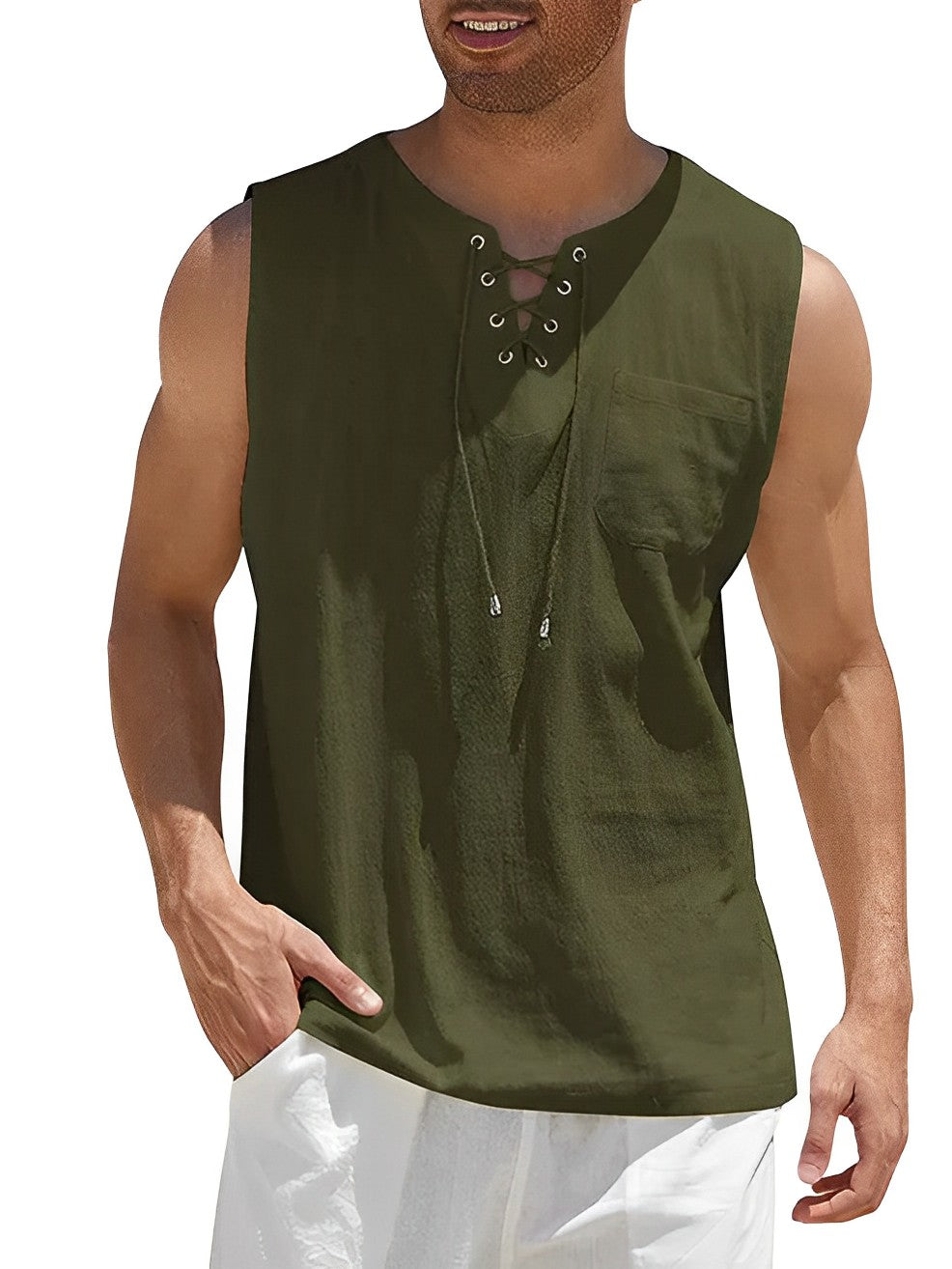 Sleeveless Lace-Up Tank Top with Chest Pocket