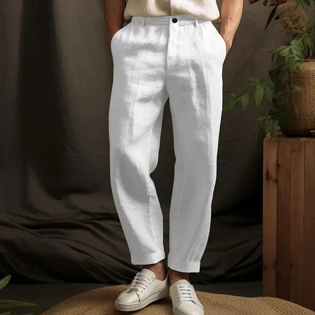 Tailored Linen Blend Trousers with Turn-Up Hem
