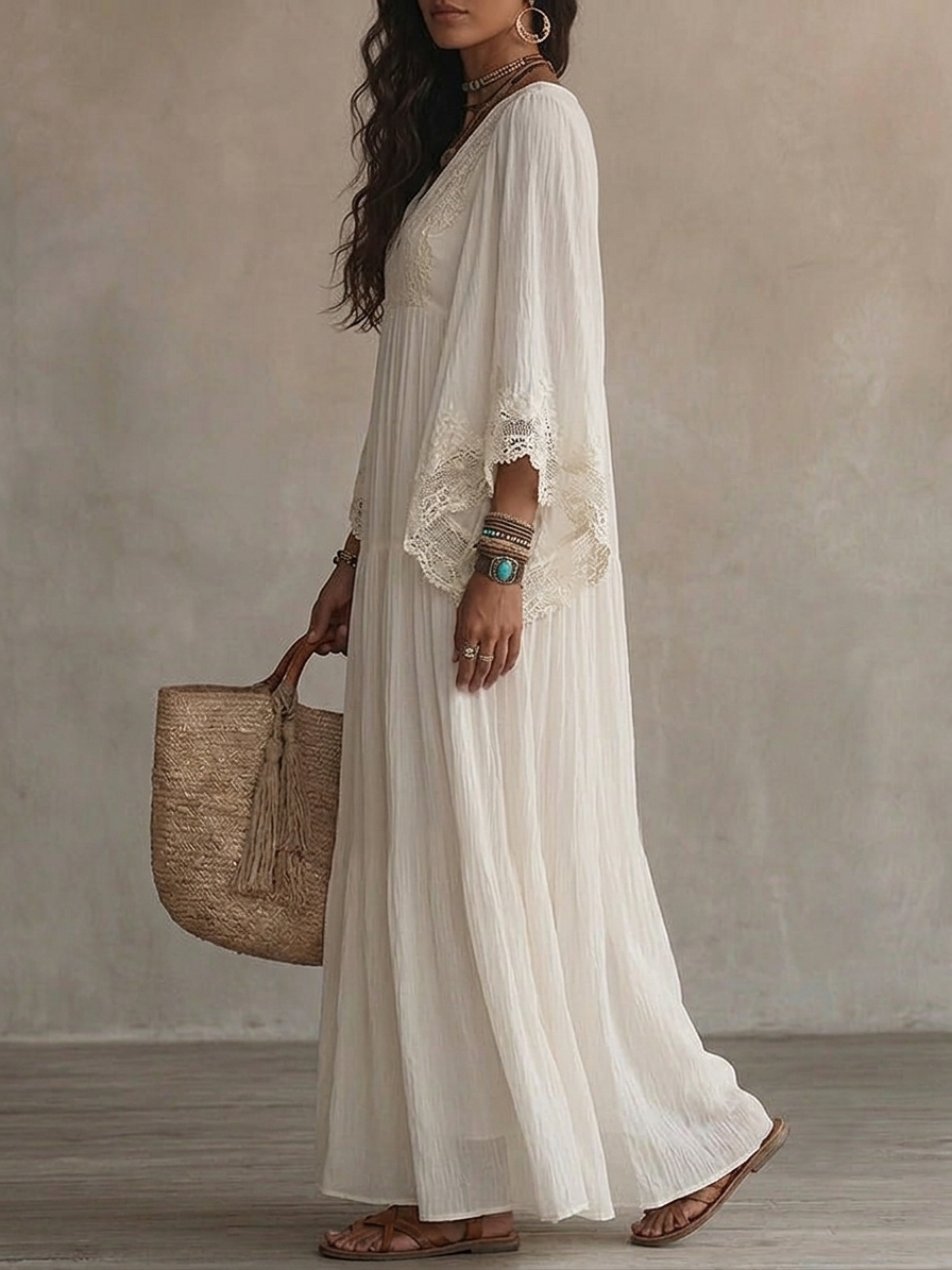 Boho Lace Trim Tiered Maxi Dress with Flared Sleeves