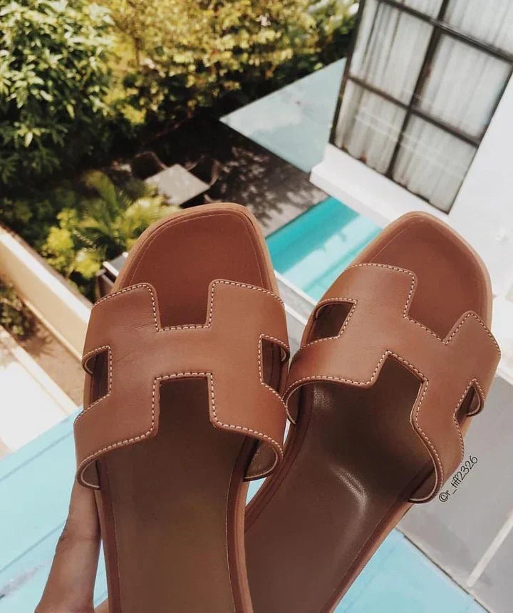 H-Cut Flat Slide Sandals with Contrast Stitching
