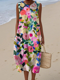 Floral Print Sleeveless Midi Dress with Side Pockets