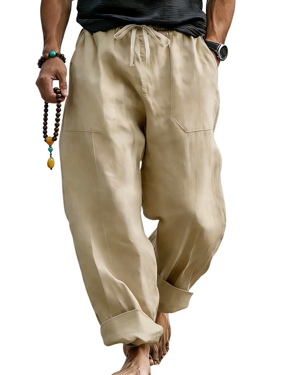 Loose Linen Blend Drawstring Trousers with Turn-Up Hem