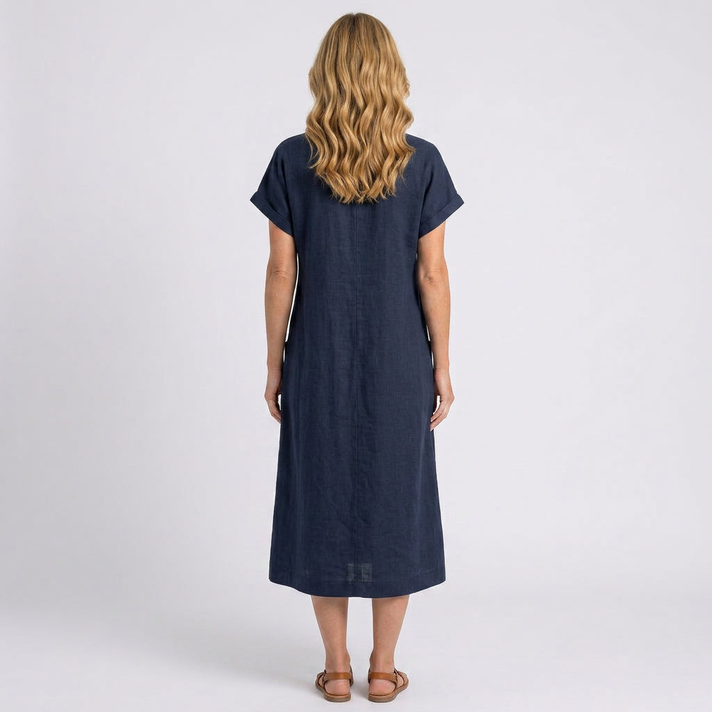 Pleated Front Midi Dress – Short Sleeve Pocket Casual Style