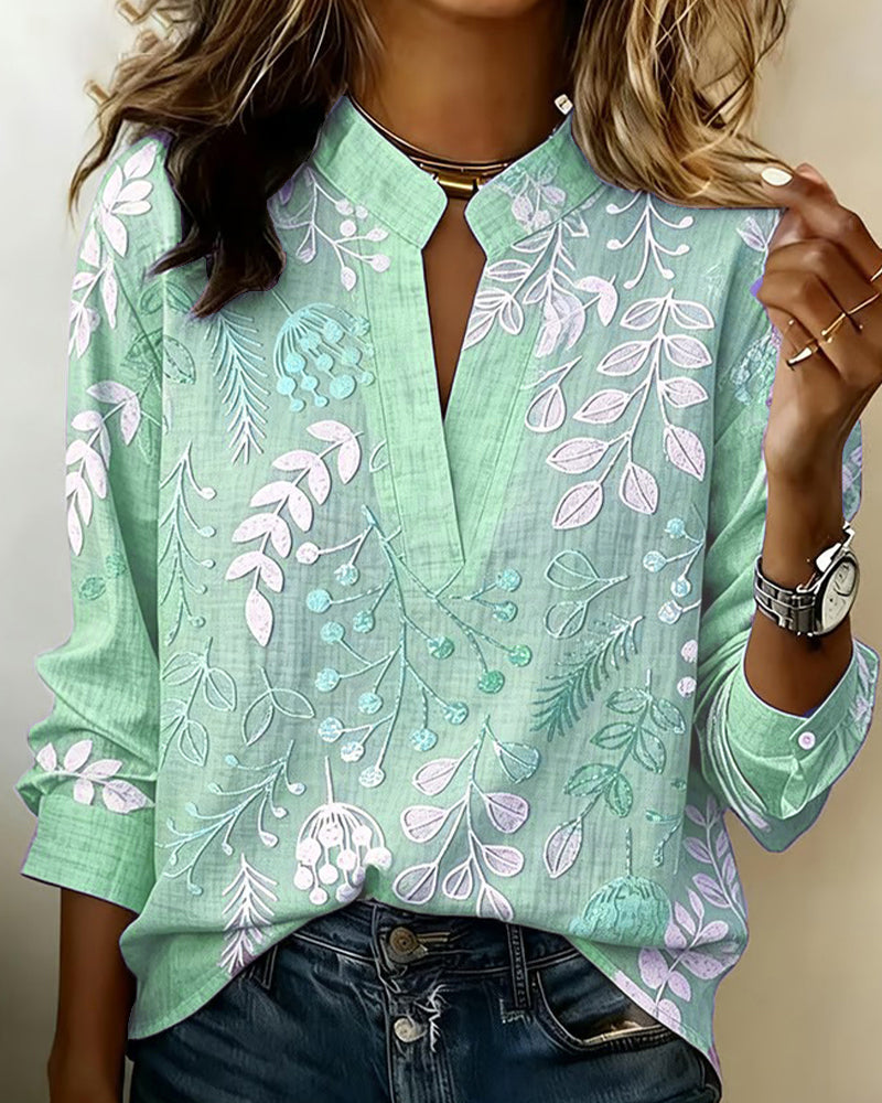 Botanical Print Notched Collar Long Sleeve Blouse