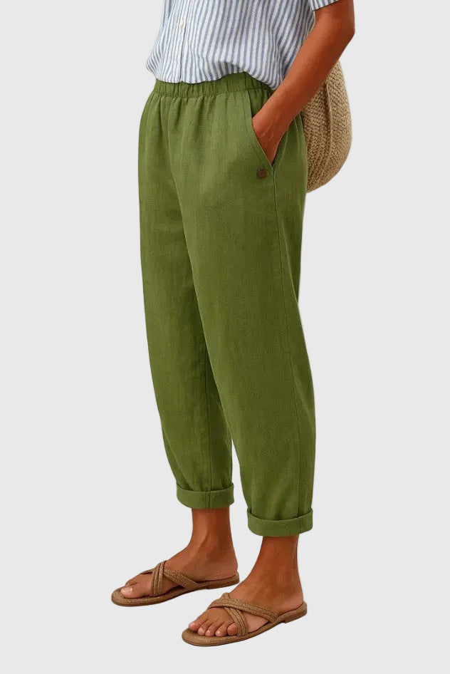 Relaxed Tapered Linen Trousers with Turn-Up Hem