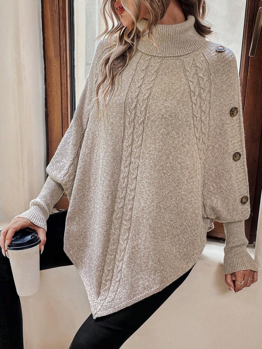 Women's Cable Knit Turtleneck Poncho Sweater