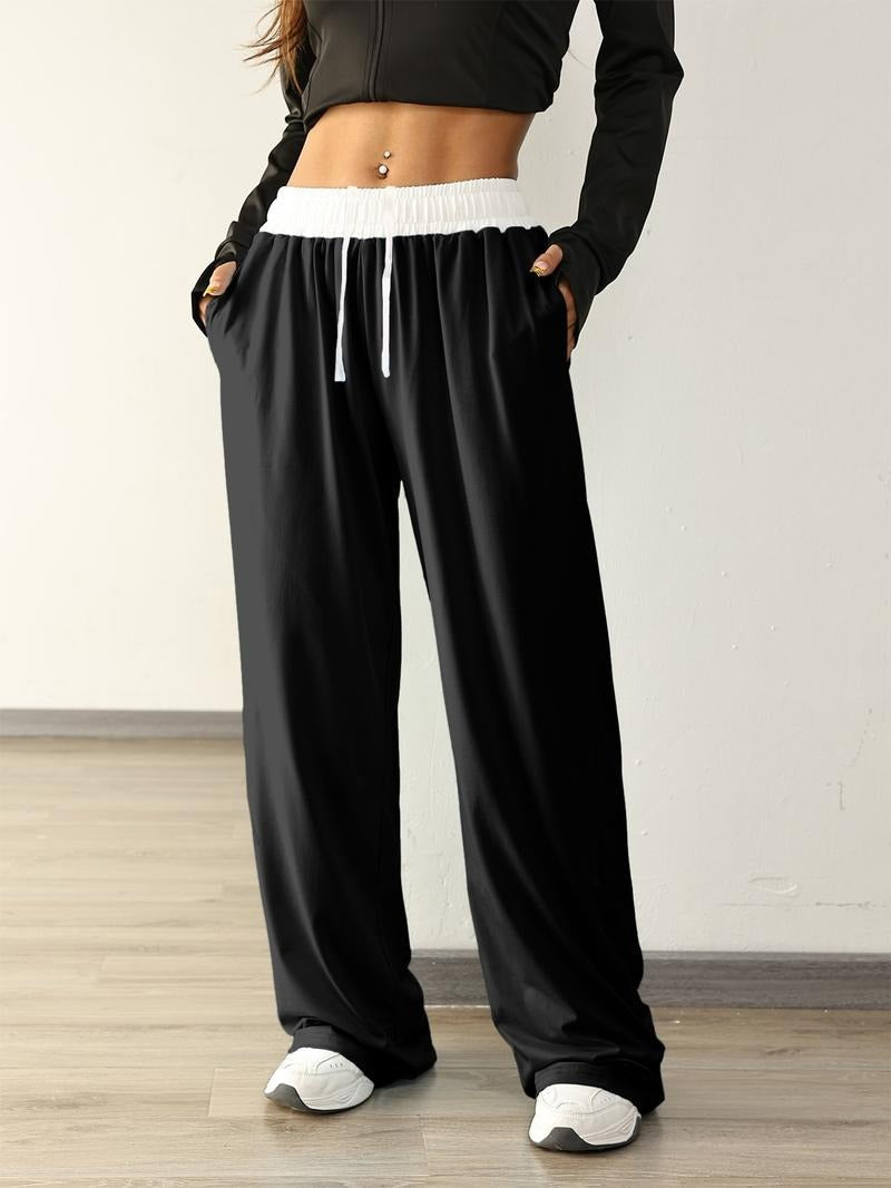 Contrast Waistband Wide Leg Sweatpants with Drawstring