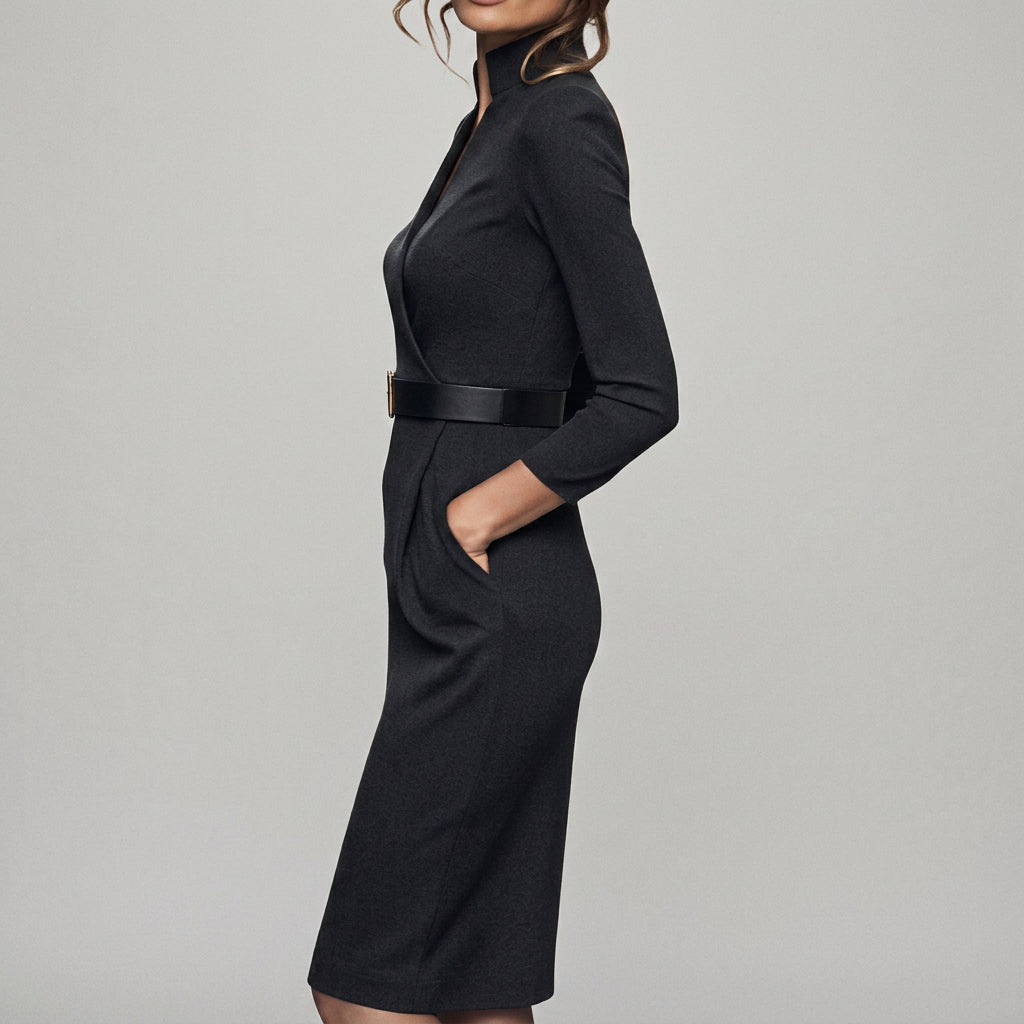 Belted Midi Dress Women’s Tailored V Neck Office Dress