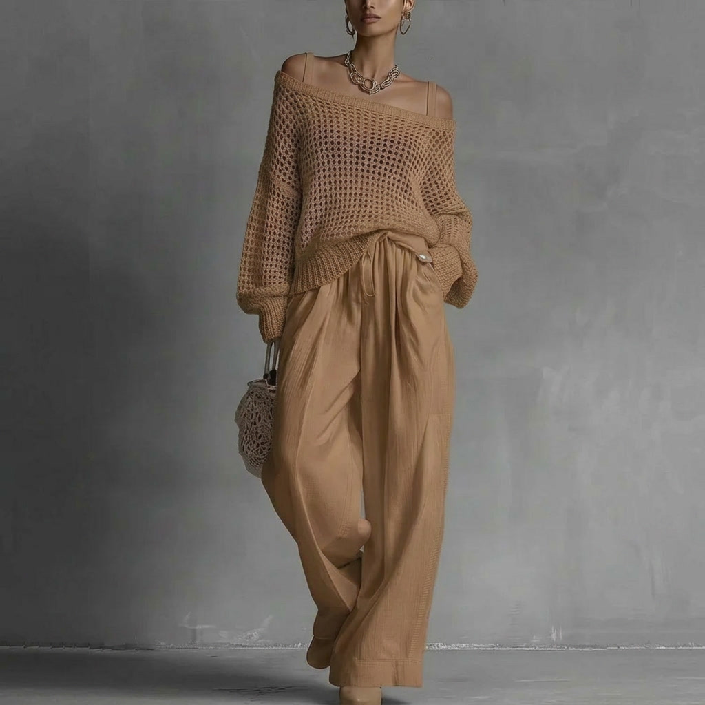 Off-Shoulder Crochet Knit Top and Wide Leg Trouser Set