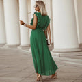 Pleated Wrap Maxi Dress with Tie Waist and Ruffle Sleeves