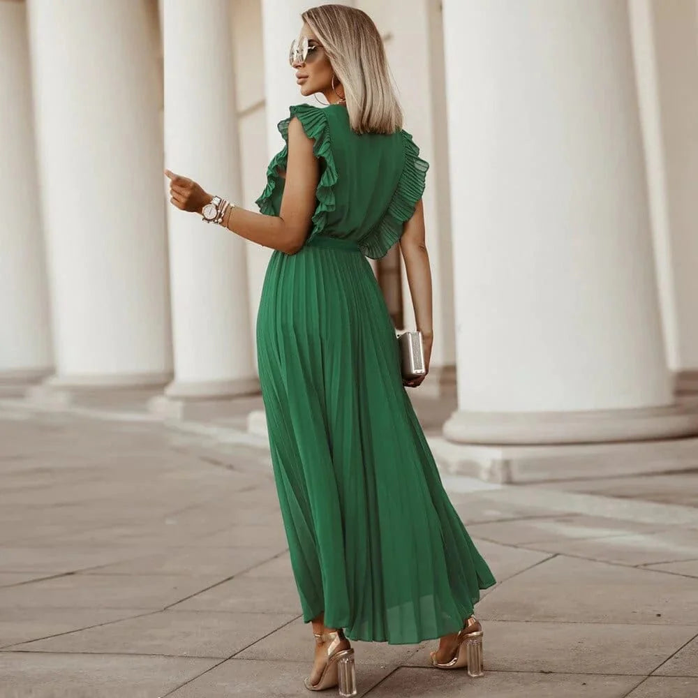 Pleated Wrap Maxi Dress with Tie Waist and Ruffle Sleeves