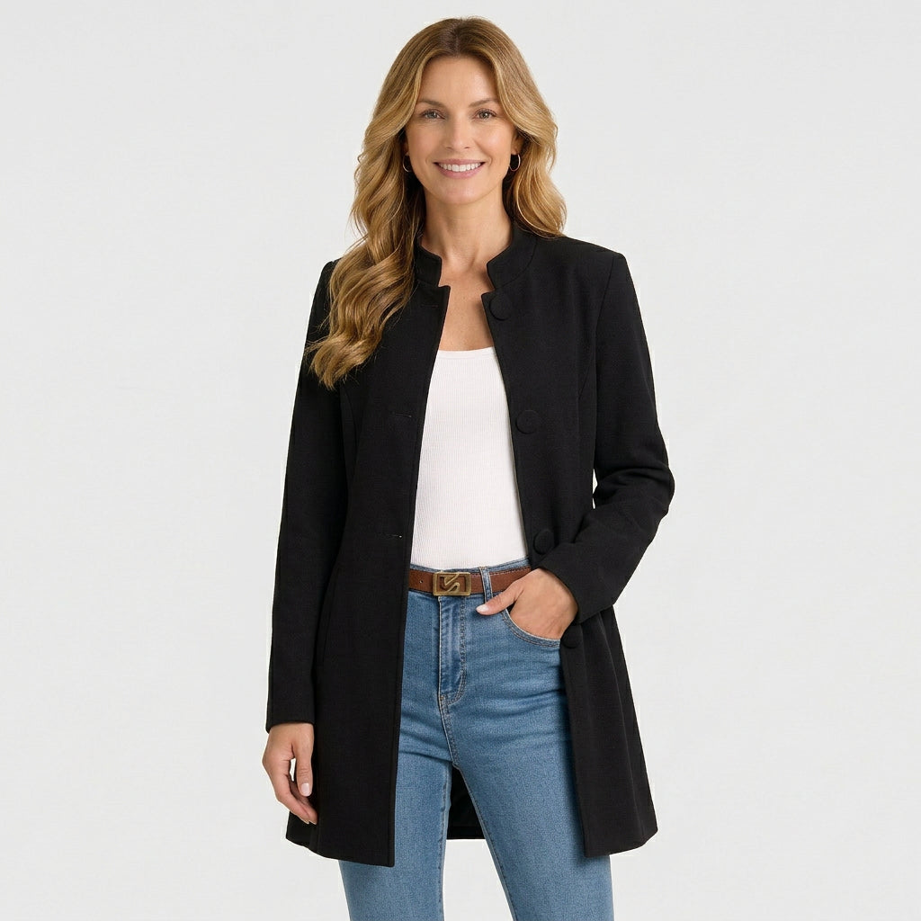 Women’s Stand Collar Long Coat – Button Front Tailored Style