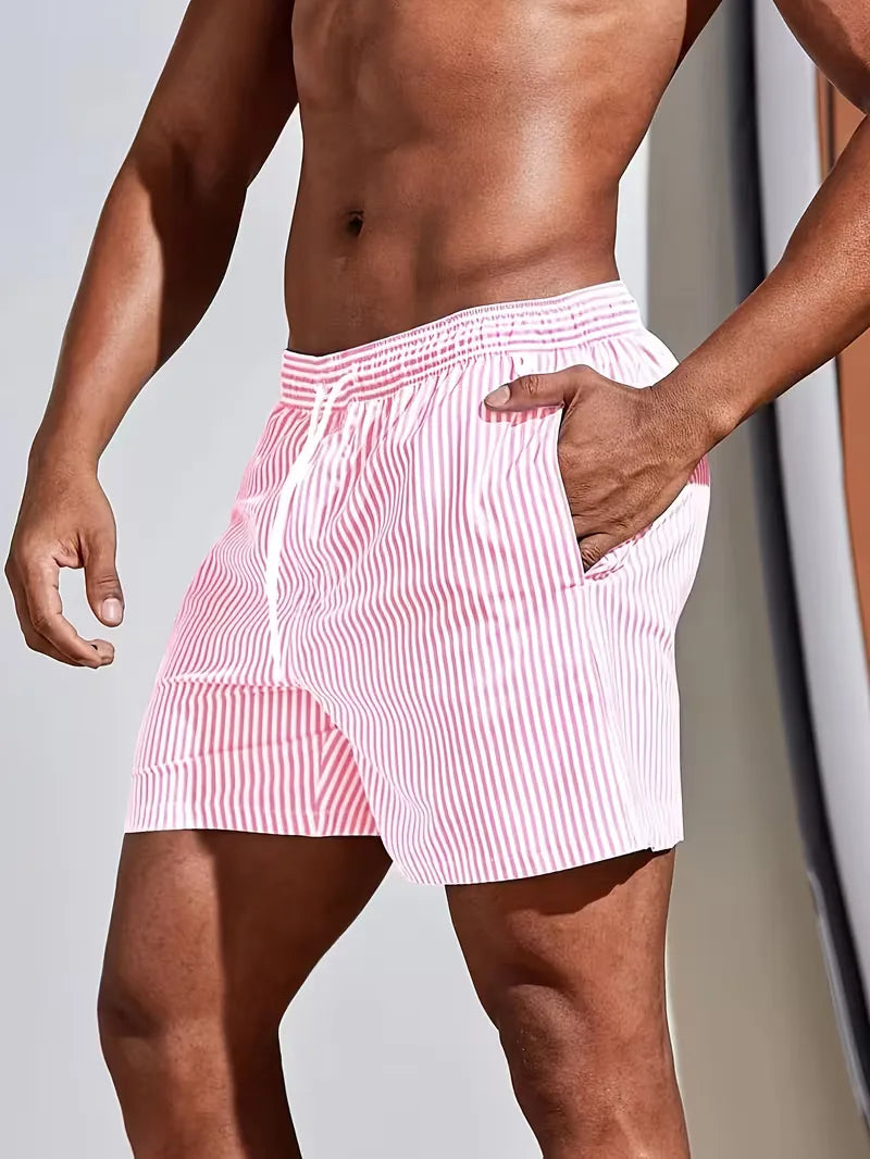 Striped Quick-Dry Swim Shorts with Drawstring Waist