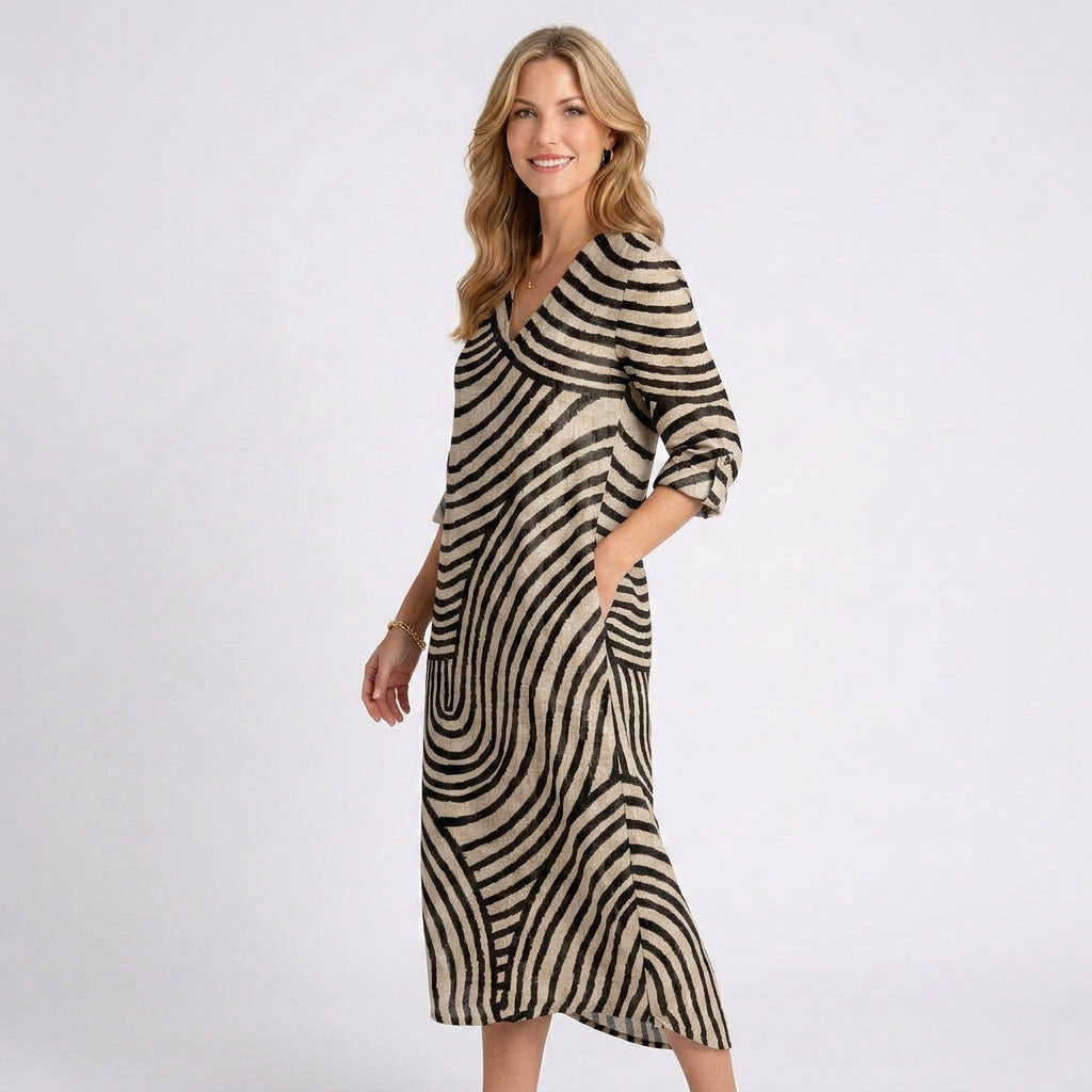 Print Midi Dress Women’s V Neck Relaxed Dress