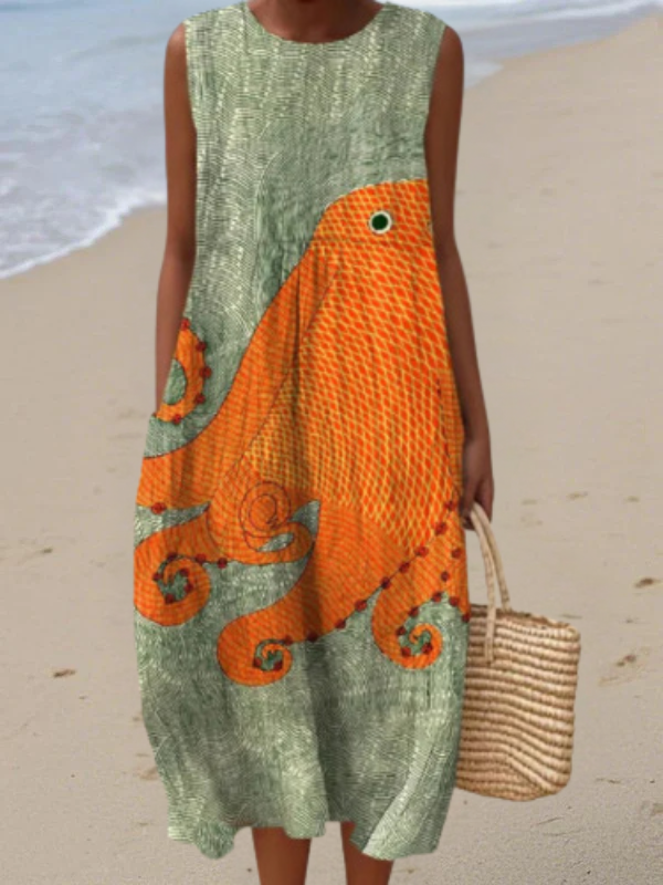 Robe midi sans manches à imprimé abstrait, avec poches latérales